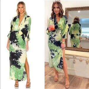 SWF Spell Green Tie-Dye plunge Maxi Dress with Kimono Sleeves
